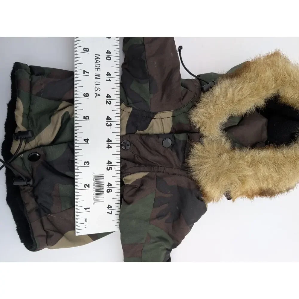Theo Camo Hooded Dog Jacket Faux Fur Trim Front Sleeves Cozy Winter Coat